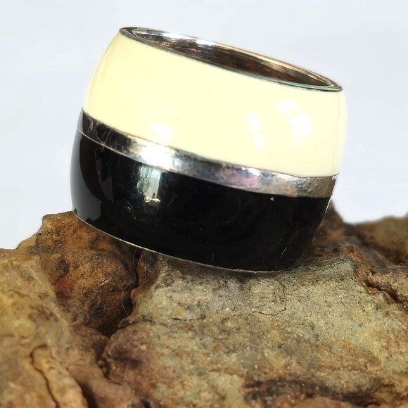 Sterling Silver 925 Black White Enamel Statement Extra Wide Band Ring Size 5 - Picture 4 of 6